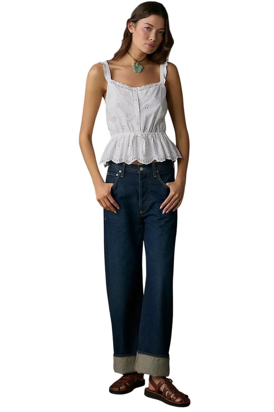 PAIGE White Cotton Eyelet Button Up Crop Camisole Ruffle Strap Tank Top NWT $179